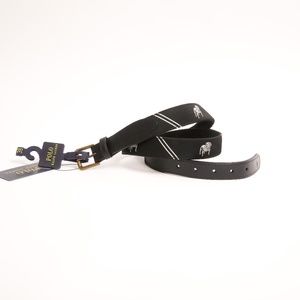 NWT Polo Ralph Lauren Black Bulldog Repp Stripe Ribbon Leather Tab Belt, 38
